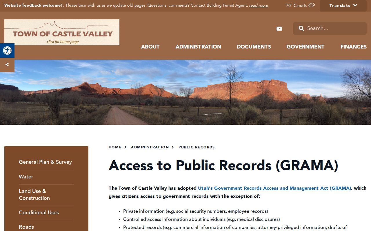 Castle Valley public records source for town-held record requests