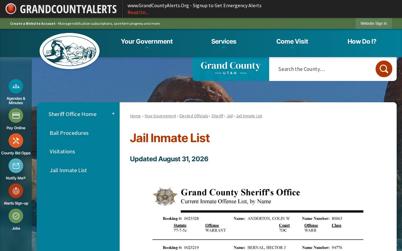 Grand County Jail current-custody roster record interface